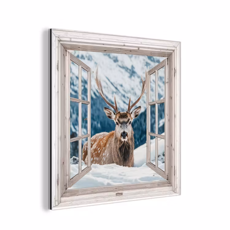 Alu-Dibond-Bild - Hirsche - Winterlandschaft - Natur - Tiere - Ansichten - Berge — 1
