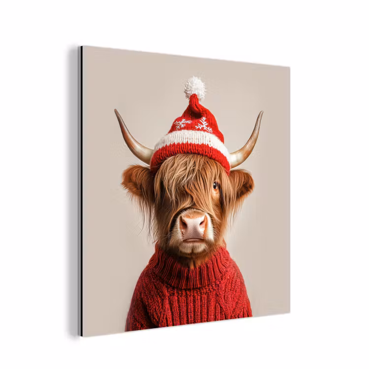 Alu-Dibond-Bild - Schottischer Highlander - Weihnachten - Mütze - Pullover - Winter — 1