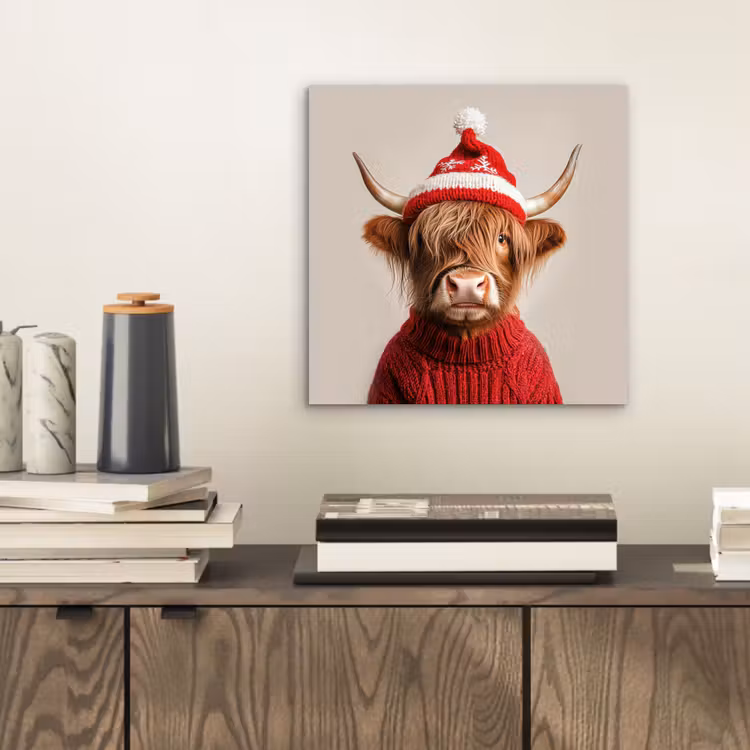 Alu-Dibond-Bild - Schottischer Highlander - Weihnachten - Mütze - Pullover - Winter — 2