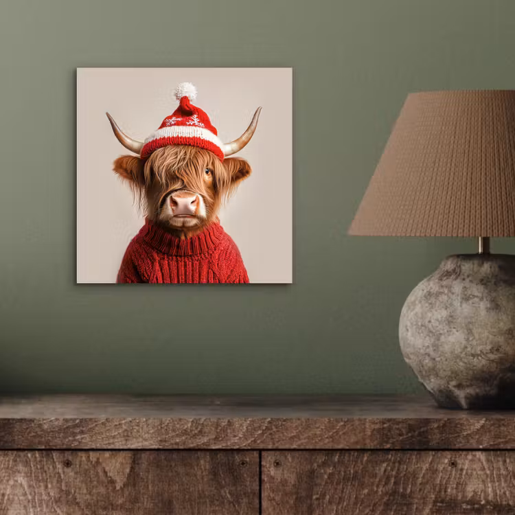 Alu-Dibond-Bild - Schottischer Highlander - Weihnachten - Mütze - Pullover - Winter — 3
