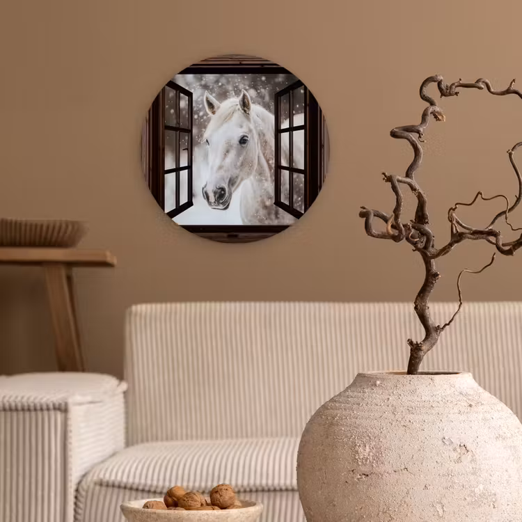 Forexbild Rund - Durchsichtig - Pferd - Weiß - Winterlandschaft - Schnee — 2