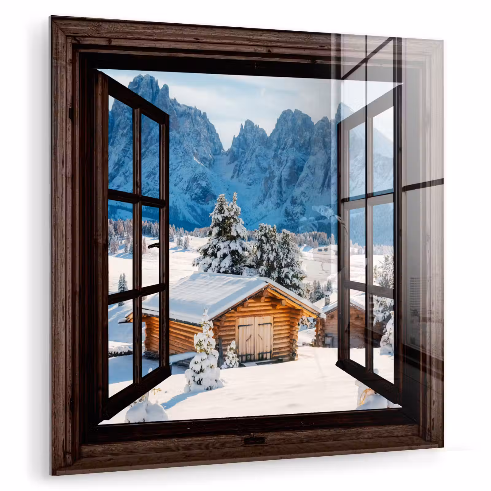 Glasbild - Aussicht - Winter - Landschaft - Hütte - Berge — 1