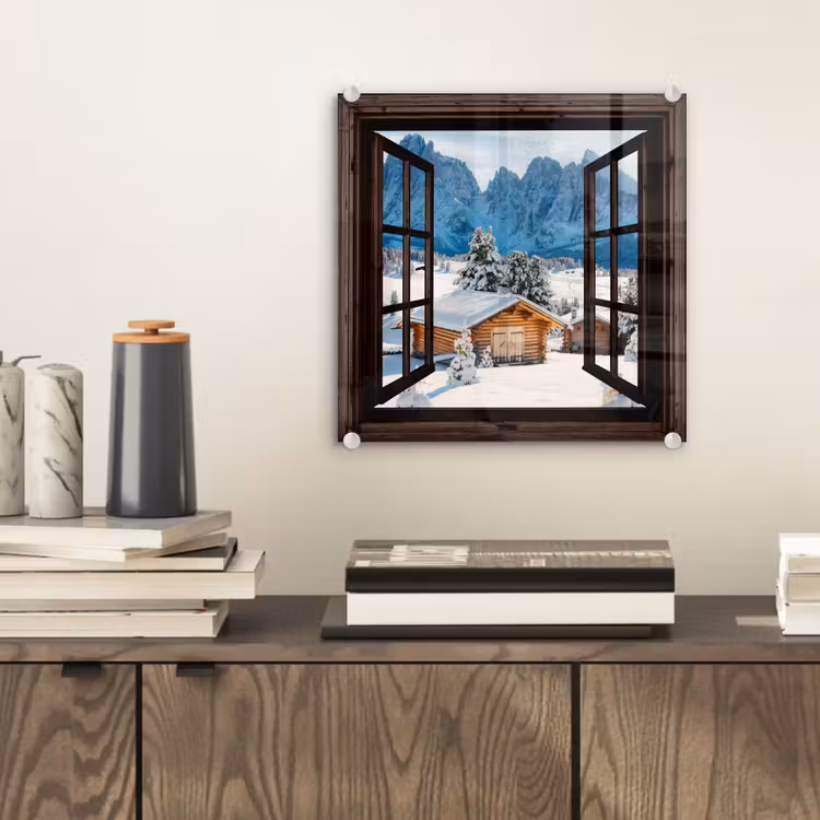 Glasbild - Aussicht - Winter - Landschaft - Hütte - Berge — 2