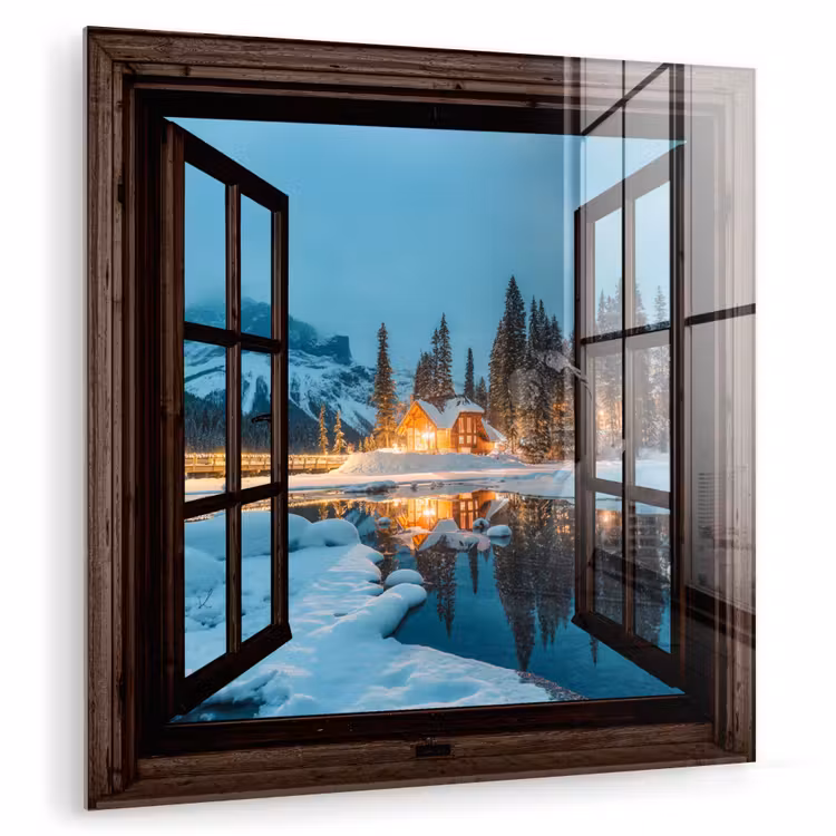 Glasbild - Durchblick - Winter - Landschaft - Natur - Haus - Berge — 1