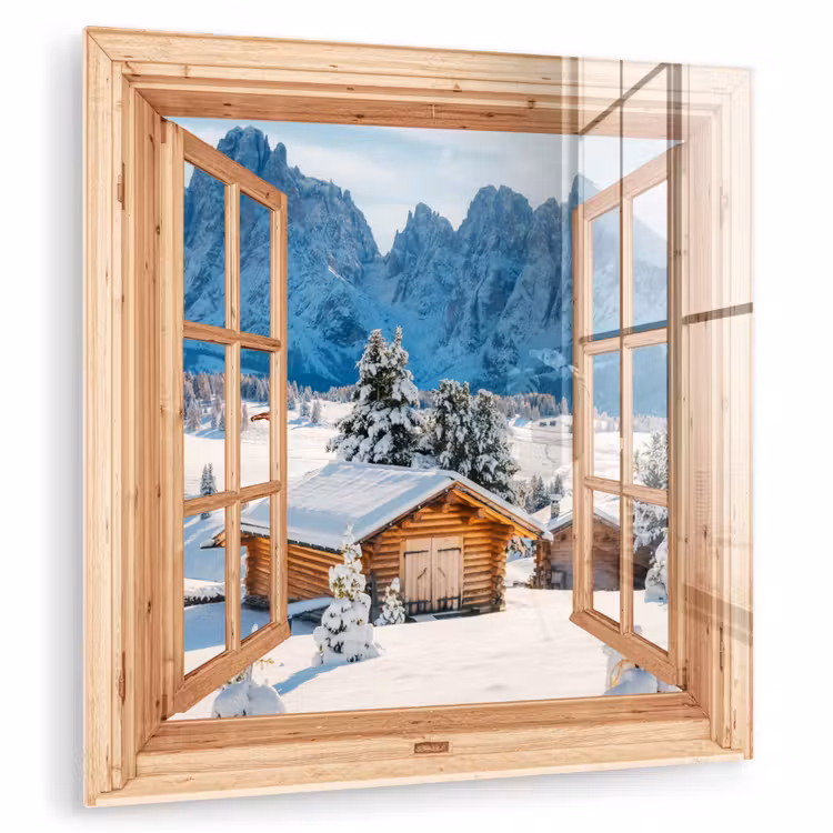 Glasbild - Durchblick - Winterlandschaft - Hütte - Berge - Aussicht — 1