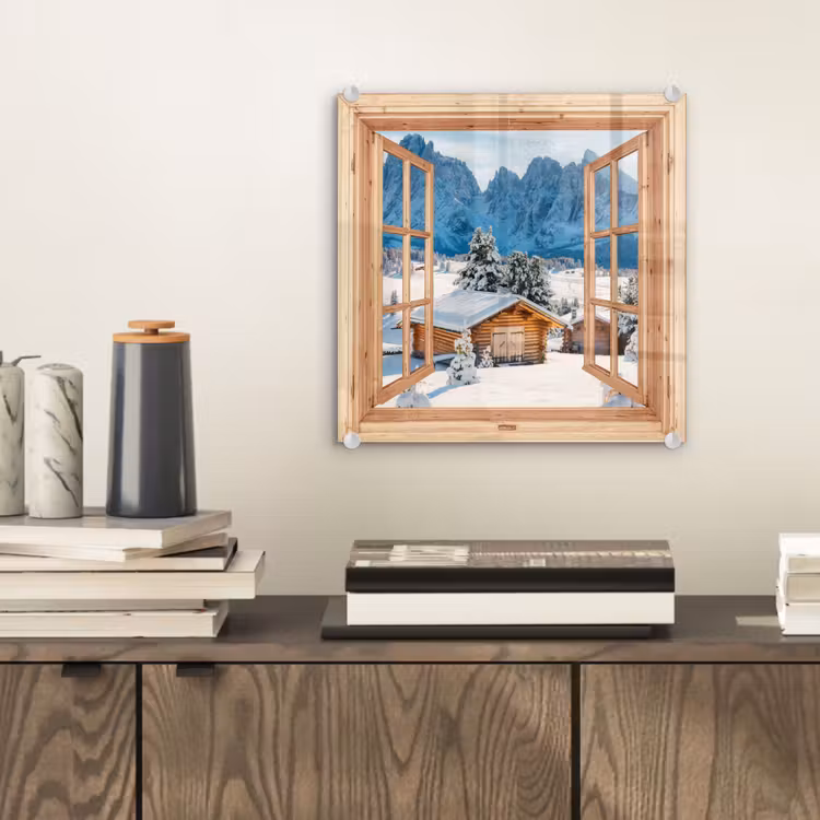 Glasbild - Durchblick - Winterlandschaft - Hütte - Berge - Aussicht — 2