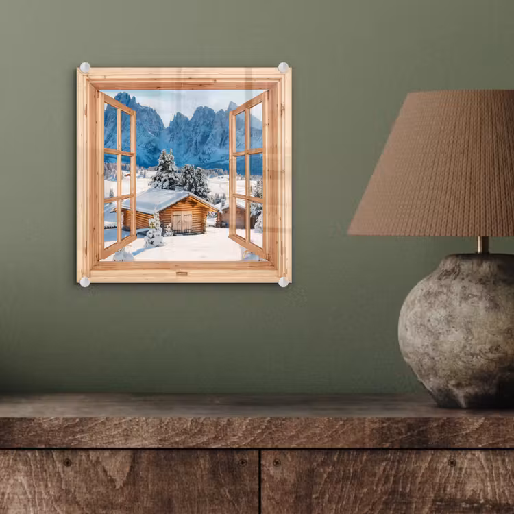 Glasbild - Durchblick - Winterlandschaft - Hütte - Berge - Aussicht — 4