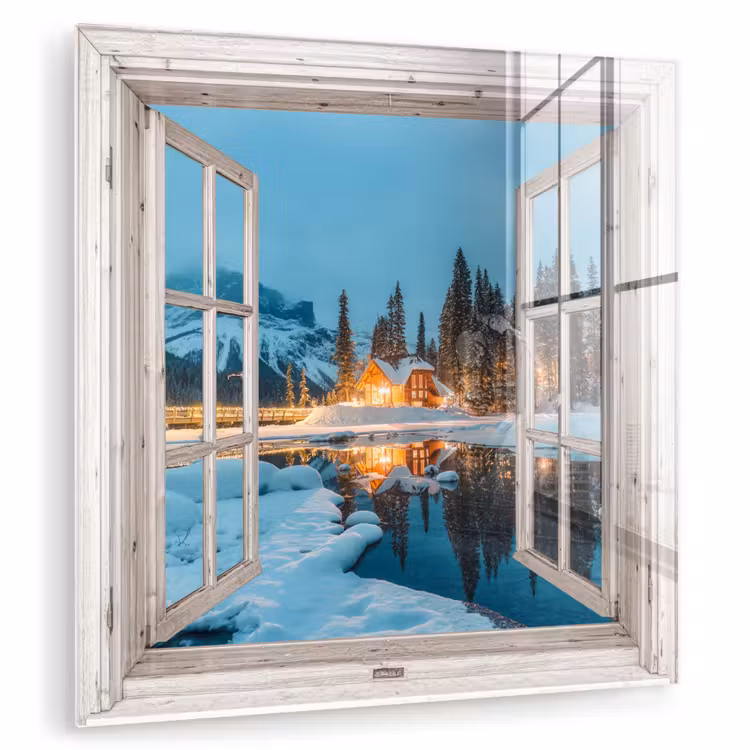 Glasbild - Durchblick - Winterlandschaft - Natur - Haus - Berge — 1
