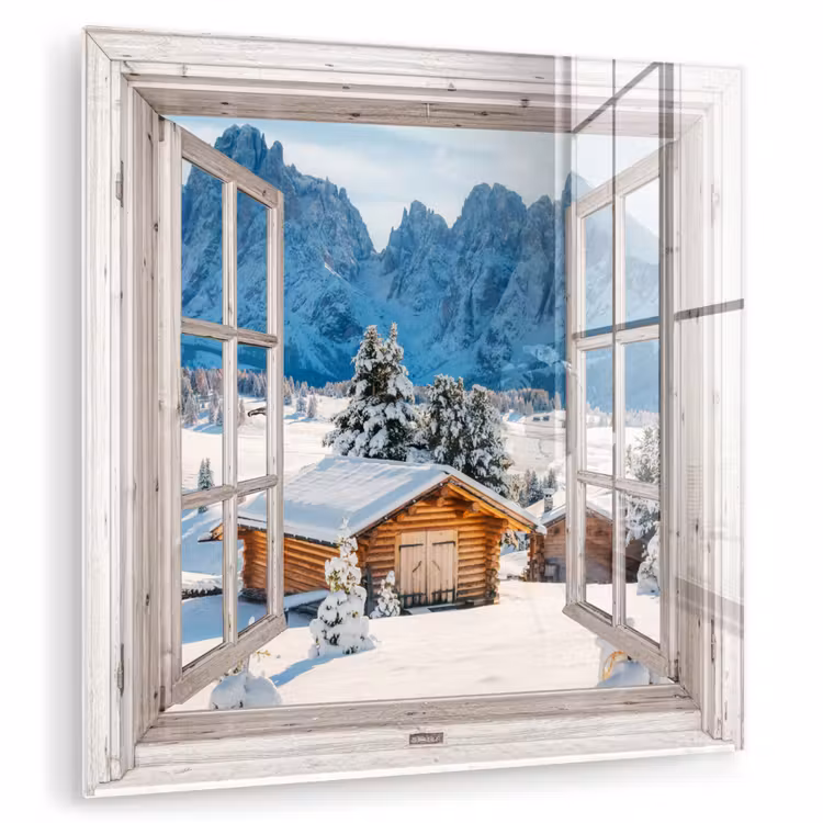 Glasbild - Winterlandschaft - Hütte - Berge - Ausblicke - Aussicht - Natur — 1