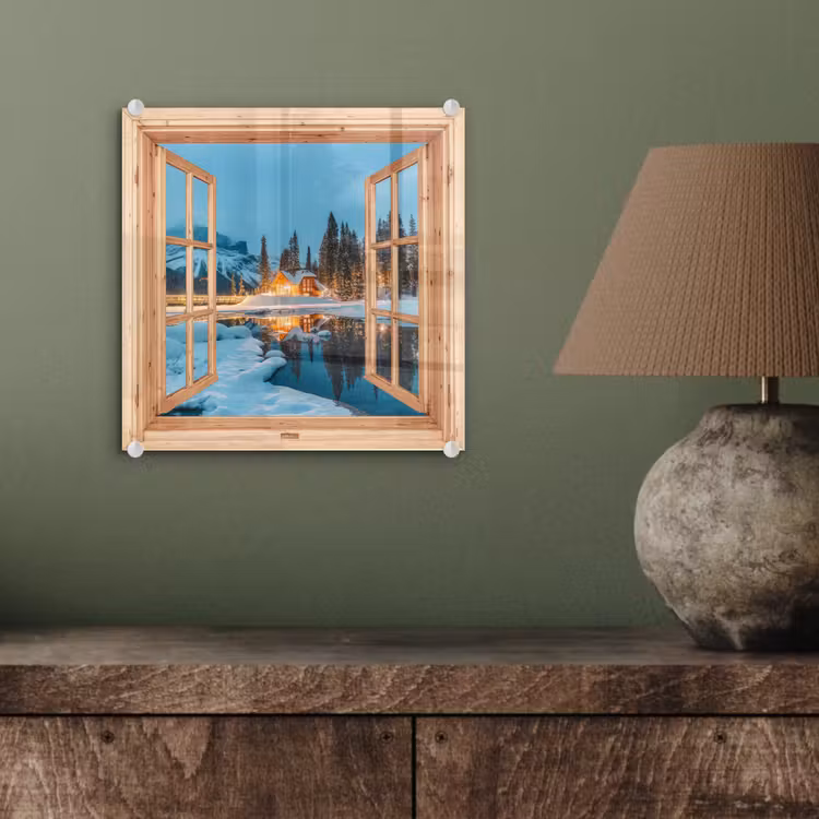 Glasbild - Winterlandschaft - Natur - Haus - Berge - Aussicht - Fenster — 4