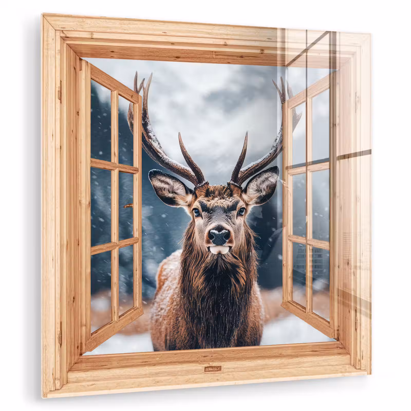 Glasbild - Durchblick - Hirsche - Tiere - Winterlandschaft - Schnee — 1
