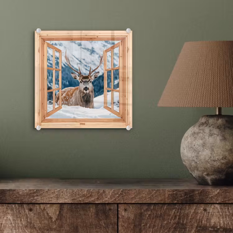 Glasbild - Durchblick - Hirsche - Landschaft - Winter - Natur - Tiere - Berge — 4