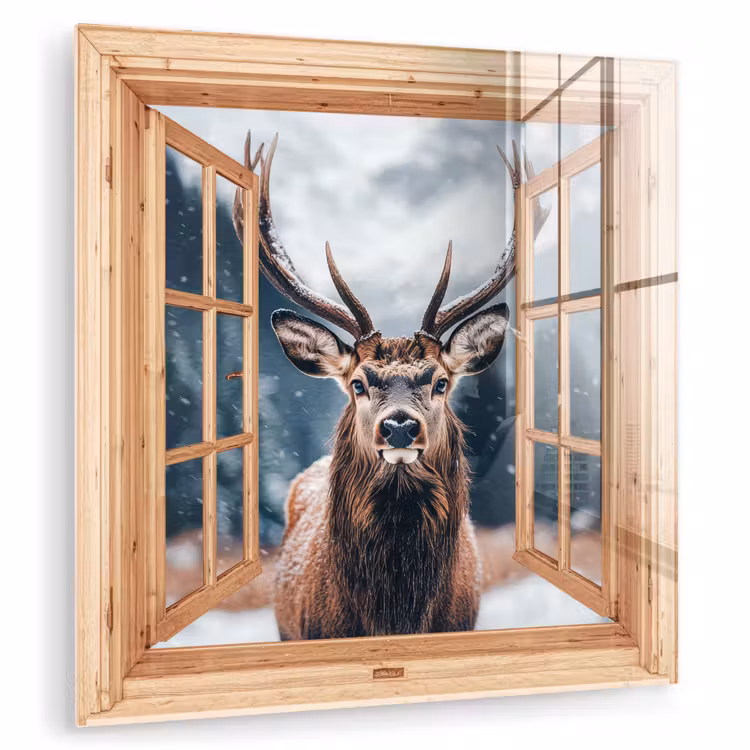 Glasbild - Durchblick - Hirsche - Tiere - Winterlandschaft - Schnee — 1
