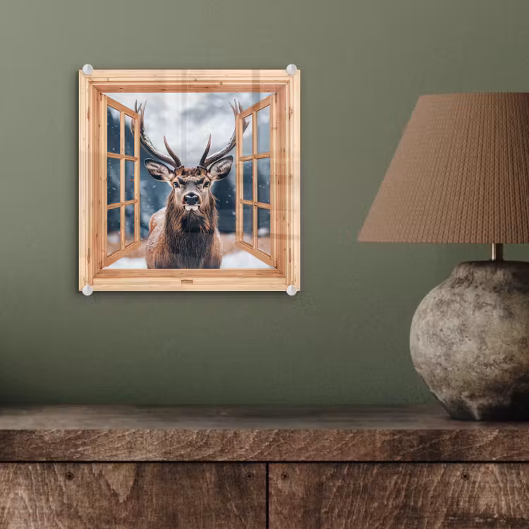 Glasbild - Durchblick - Hirsche - Tiere - Winterlandschaft - Schnee — 4