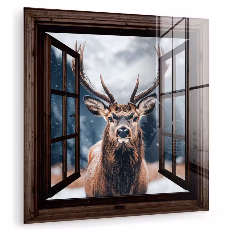 Glasbild - Durchsichtig - Hirsche - Tiere - Landschaft - Winter - Schnee - Ländlich — 1