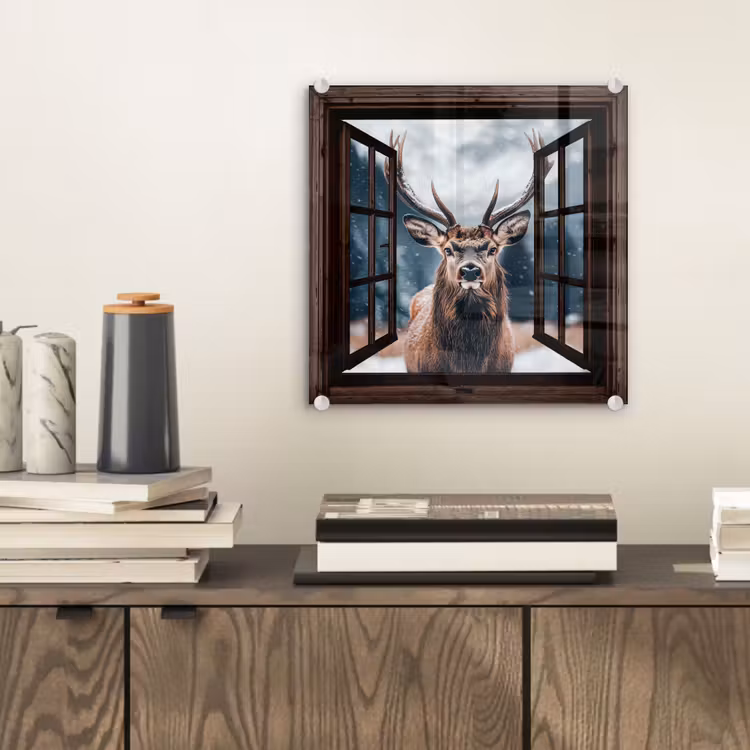 Glasbild - Durchsichtig - Hirsche - Tiere - Landschaft - Winter - Schnee - Ländlich — 2
