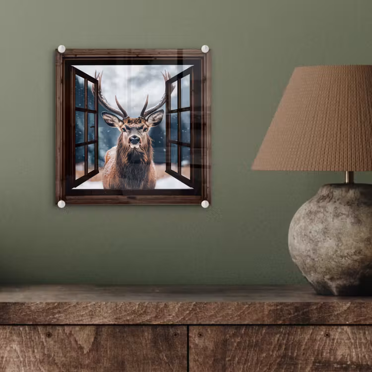 Glasbild - Durchsichtig - Hirsche - Tiere - Landschaft - Winter - Schnee - Ländlich — 4