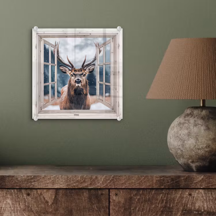 Glasbild - Hirsche - Tiere - Landschaft - Winter - Schnee - Aussicht - Natur — 4