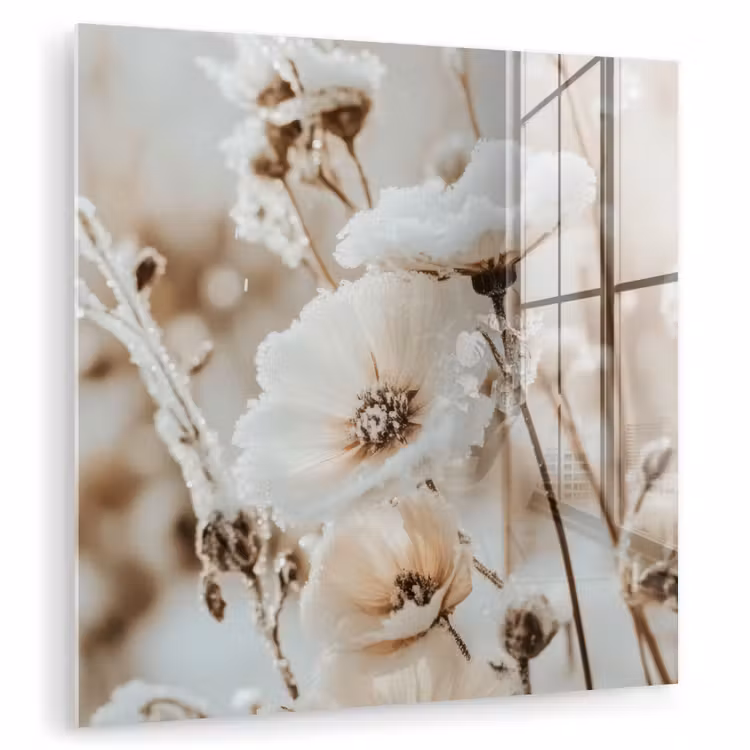 Glasbild - Blumen - Winter - Weiß - Schnee - Beige — 1
