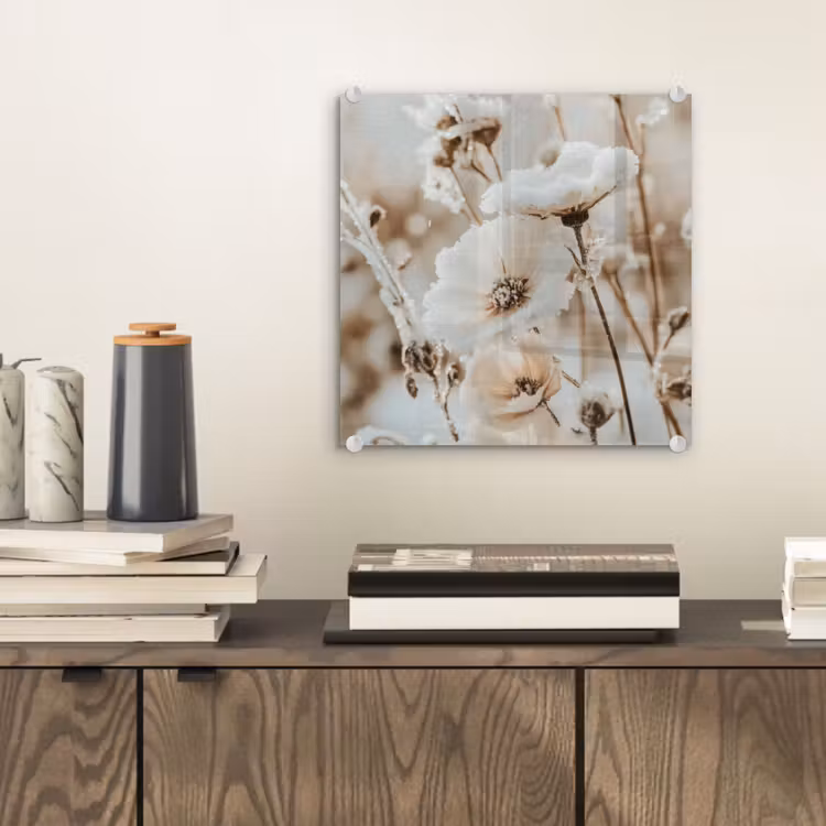 Glasbild - Blumen - Winter - Weiß - Schnee - Beige — 2