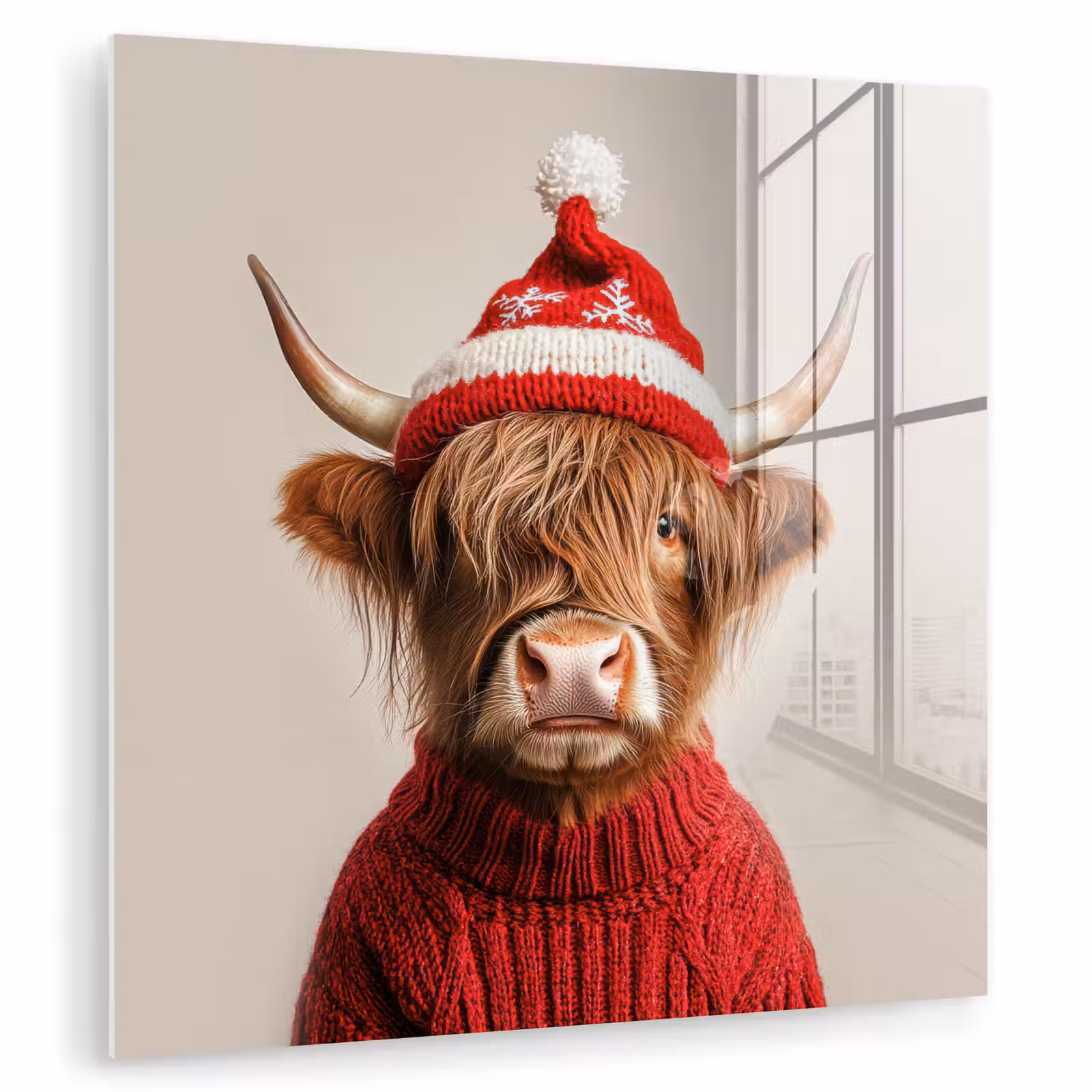 Glasbild - Schottischer Highlander - Weihnachten - Mütze - Pullover - Winter — 1
