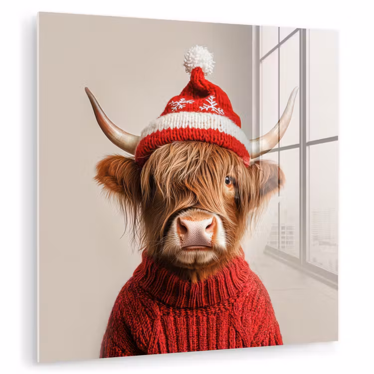 Glasbild - Schottischer Highlander - Weihnachten - Mütze - Pullover - Winter — 1
