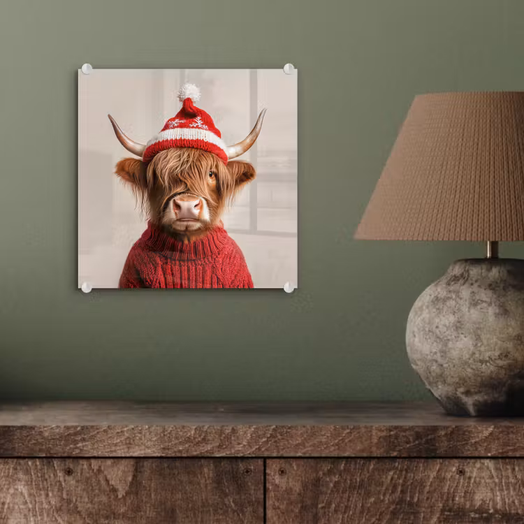 Glasbild - Schottischer Highlander - Weihnachten - Mütze - Pullover - Winter — 4