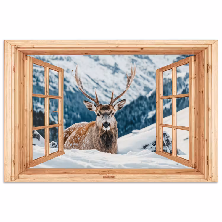 Poster - Durchblick - Hirsche - Landschaft - Winter - Natur - Tiere - Berge — 1