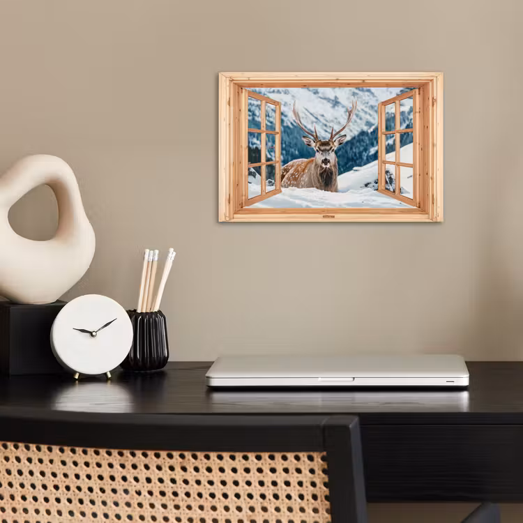 Poster - Durchblick - Hirsche - Landschaft - Winter - Natur - Tiere - Berge — 2