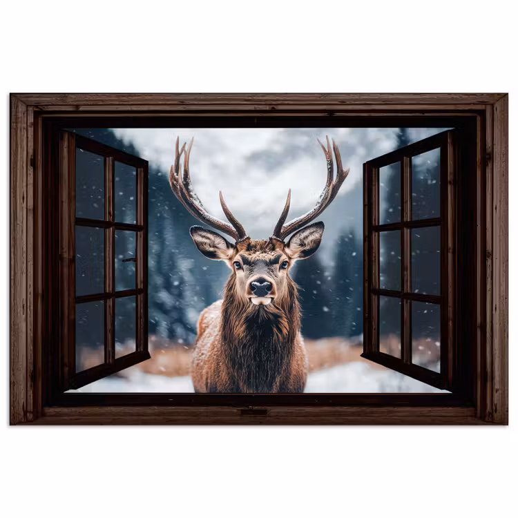 Poster - Durchsichtig - Hirsche - Tiere - Landschaft - Winter - Schnee - Ländlich — 1