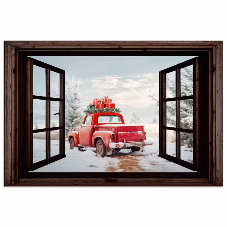 Poster - Durchsichtig - Auto - Rot - Geschenke - Winterlandschaft - Weihnachten — 1