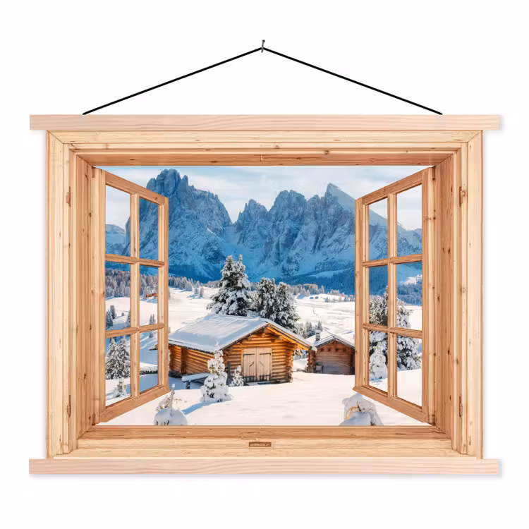 Stoffbild - Durchblick - Winterlandschaft - Hütte - Berge - Aussicht — 1