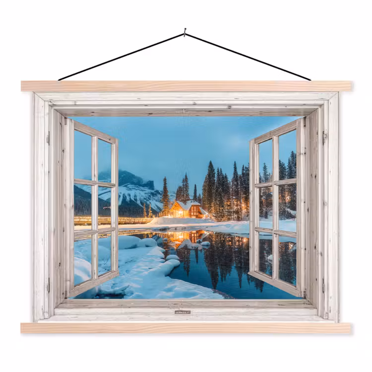 Stoffbild - Durchblick - Winterlandschaft - Natur - Haus - Berge — 1