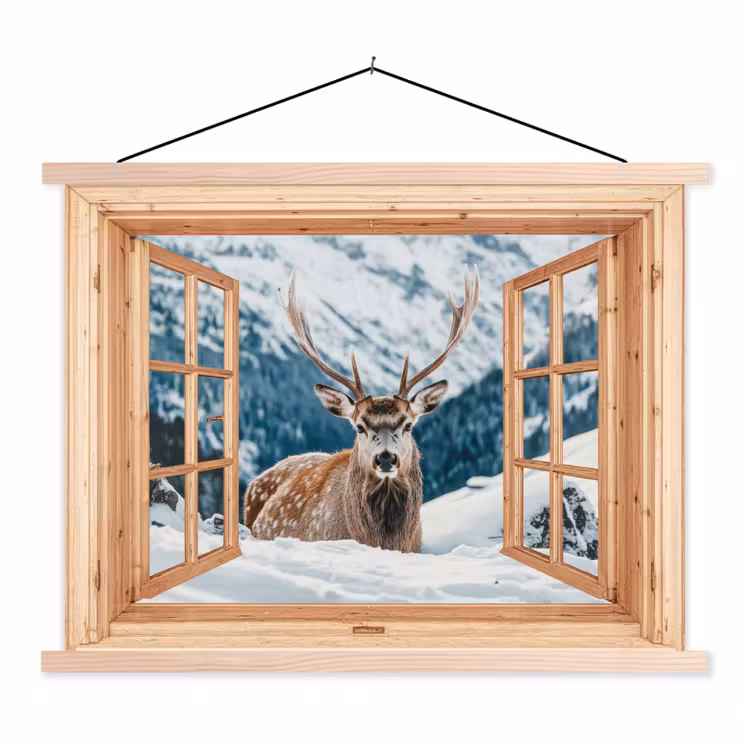 Stoffbild - Durchblick - Hirsche - Landschaft - Winter - Natur - Tiere - Berge — 1