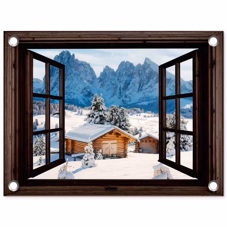Gartenposter - Aussicht - Winter - Landschaft - Hütte - Berge — 1