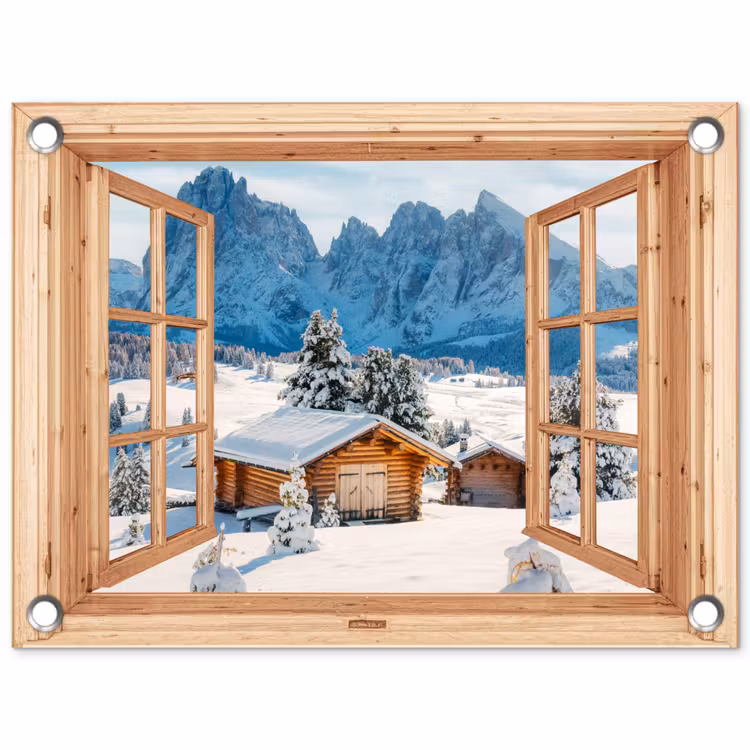Gartenposter - Durchblick - Winterlandschaft - Hütte - Berge - Aussicht — 1