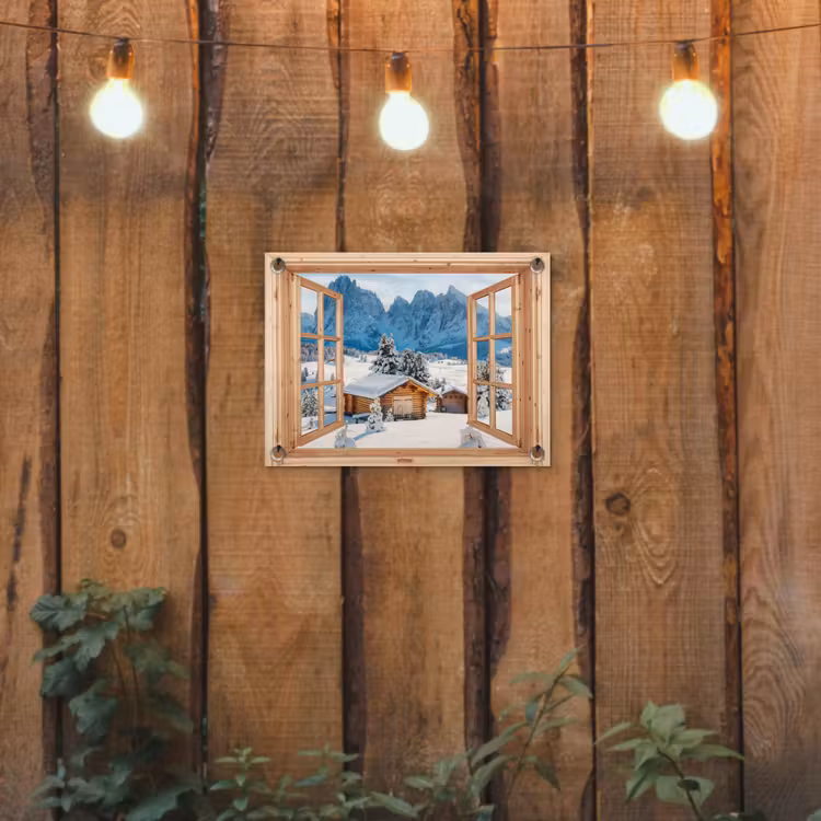 Gartenposter - Durchblick - Winterlandschaft - Hütte - Berge - Aussicht — 2