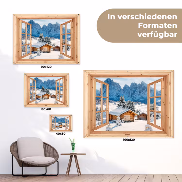 Gartenposter - Durchblick - Winterlandschaft - Hütte - Berge - Aussicht — 6