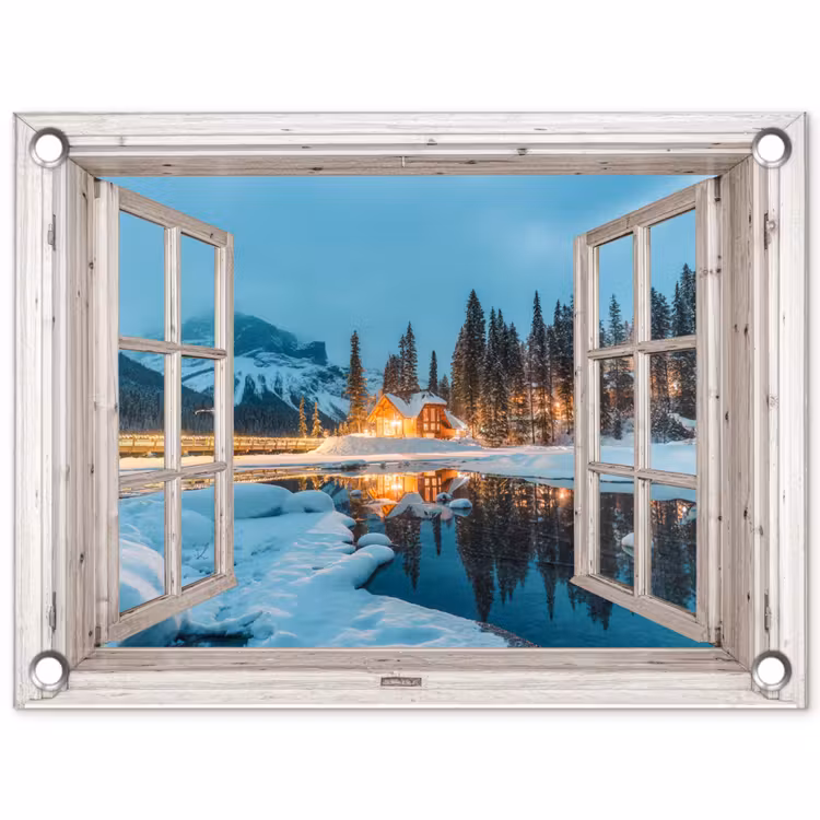Gartenposter - Durchblick - Winterlandschaft - Natur - Haus - Berge — 1