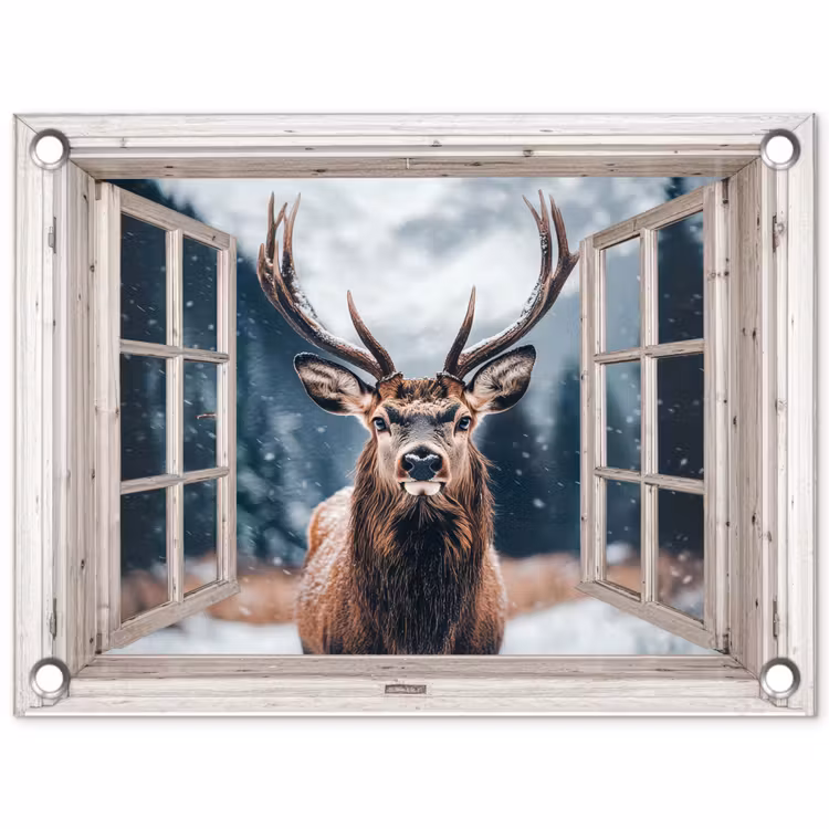 Gartenposter - Hirsche - Tiere - Landschaft - Winter - Schnee - Aussicht - Natur — 1