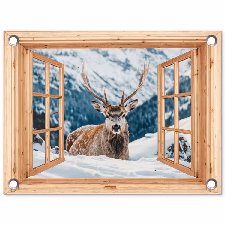 Gartenposter - Durchblick - Hirsche - Landschaft - Winter - Natur - Tiere - Berge — 1