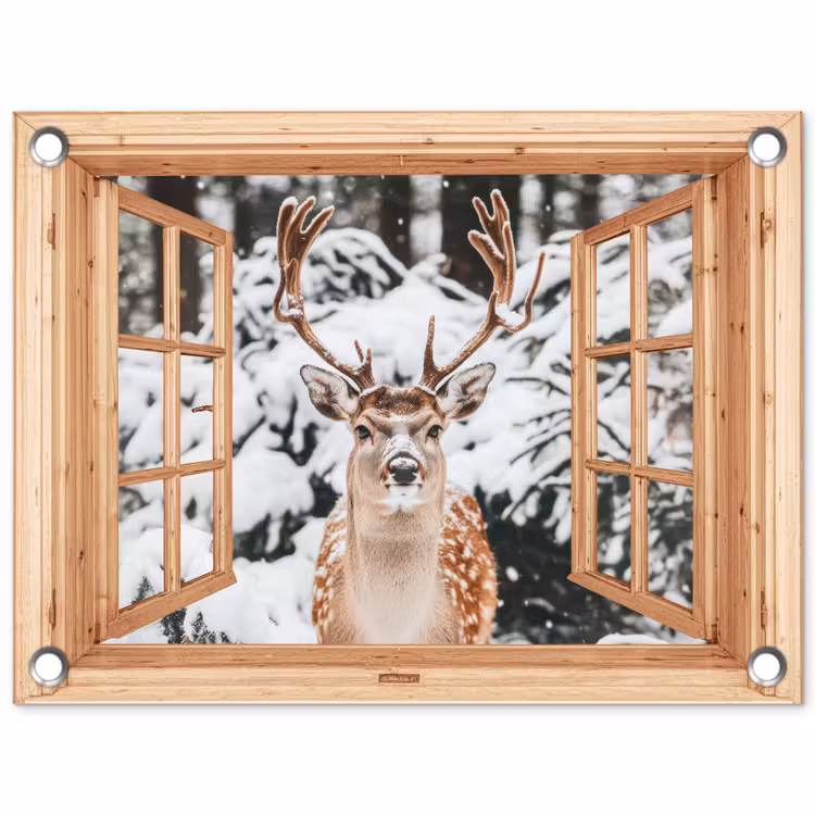 Gartenposter - Durchsichtig - Hirsche - Schnee - Winter - Wald - Tiere — 1