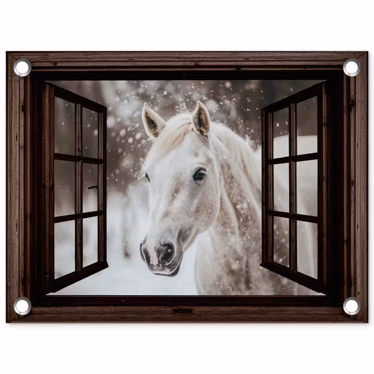 Gartenposter - Durchsichtig - Pferd - Weiß - Winterlandschaft - Schnee — 1