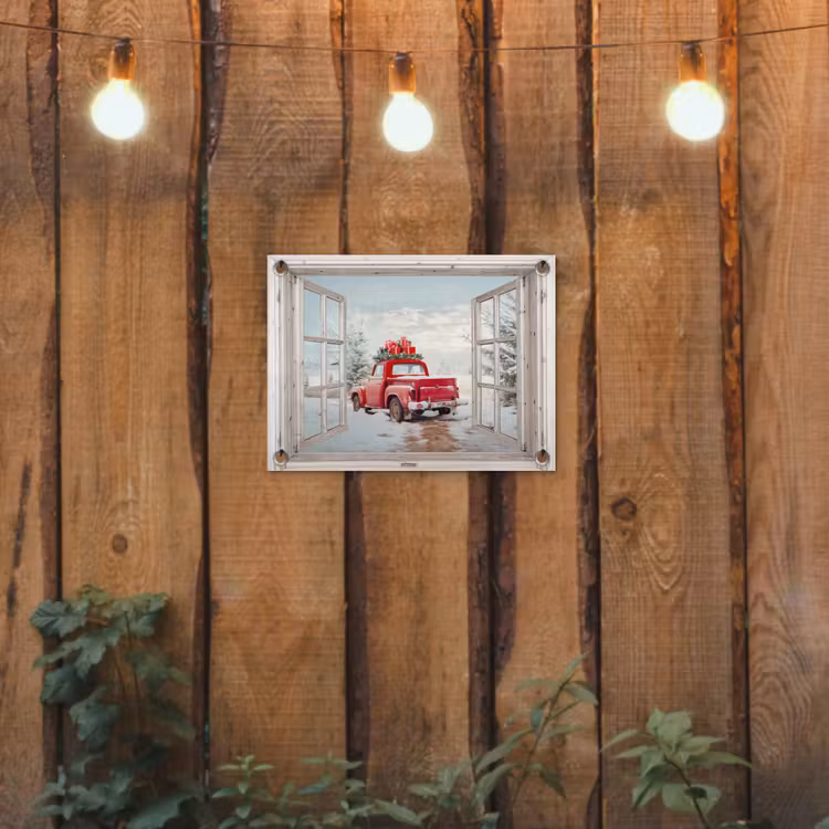 Gartenposter - Auto - Rot - Geschenke - Winter - Weihnachten - Durchsichtig - Weiß — 2