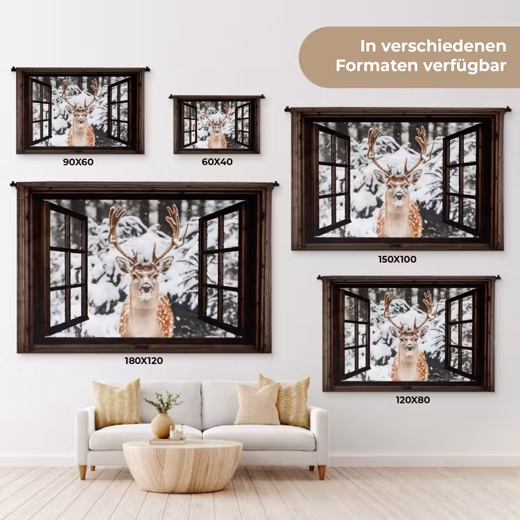 Wandteppich - Hirsche - Schnee - Winter - Wald - Tiere - Durchblicken — 8