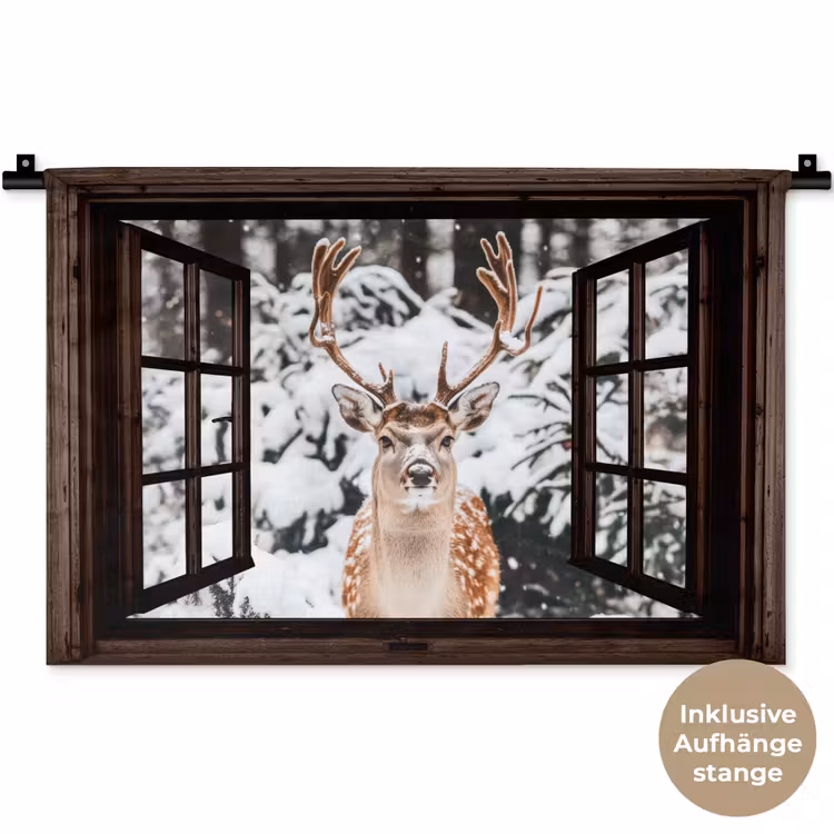 Wandteppich - Hirsche - Schnee - Winter - Wald - Tiere - Durchblicken — 9
