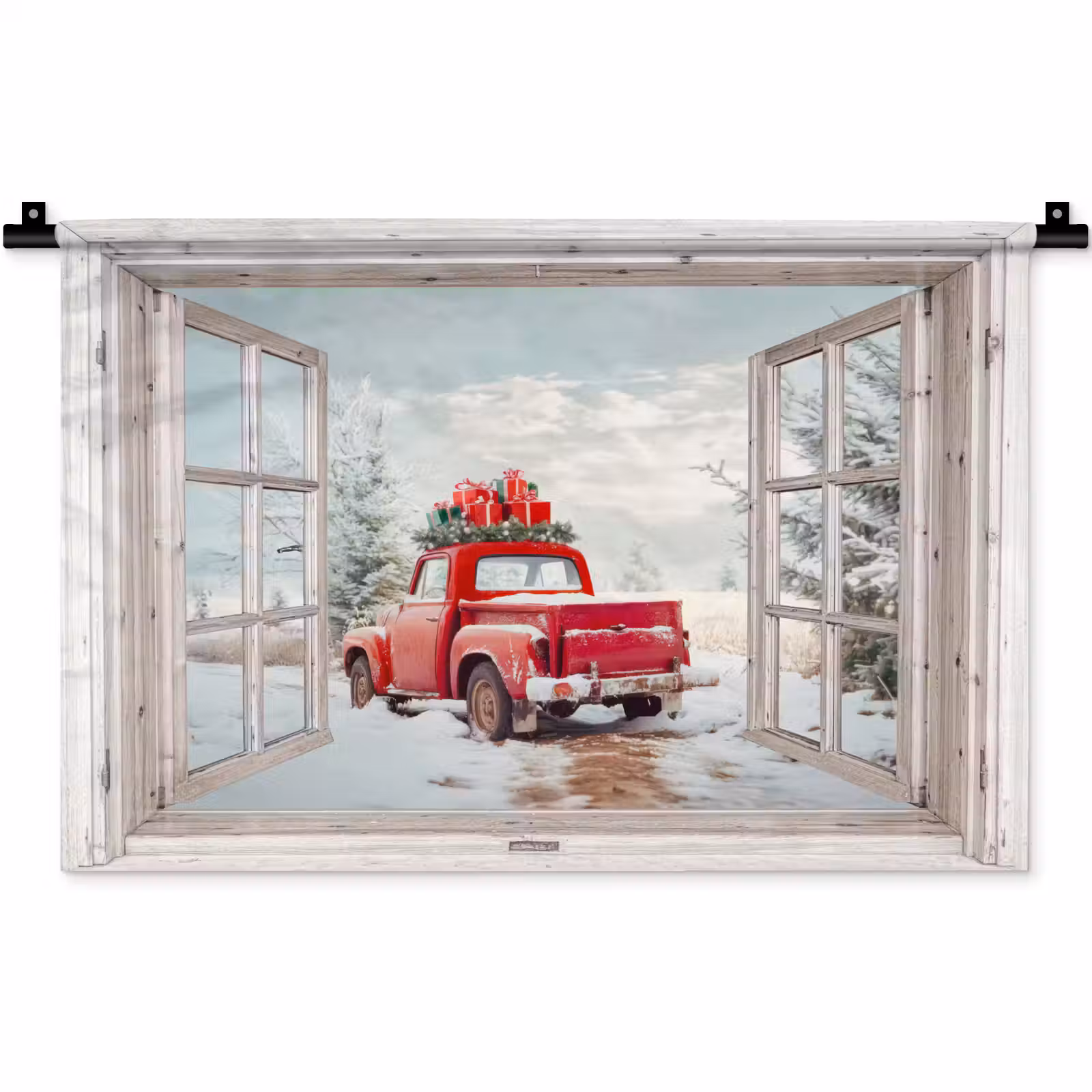 Wandteppich - Auto - Rot - Geschenke - Winter - Weihnachten - Durchsichtig - Weiß — 1