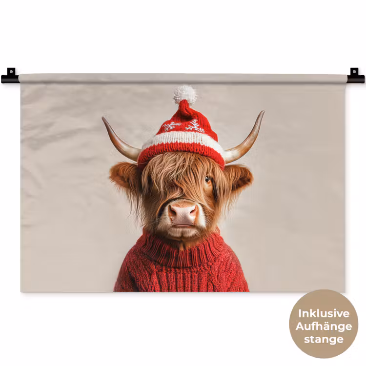 Wandteppich - Schottischer Highlander - Weihnachten - Mütze - Pullover - Winter — 9