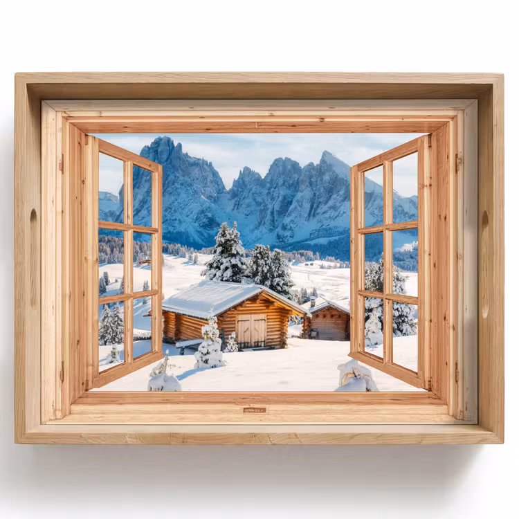 Tablett - Durchblick - Winterlandschaft - Hütte - Berge - Aussicht — 1