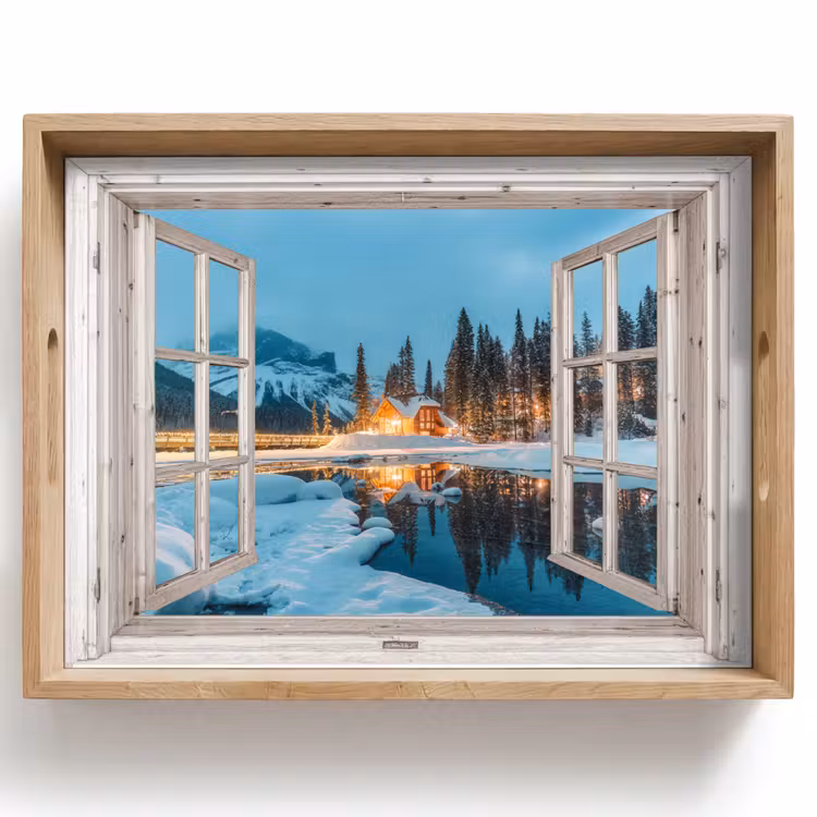 Tablett - Durchblick - Winterlandschaft - Natur - Haus - Berge — 1